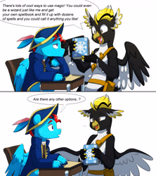 Size: 4359x4900 | Tagged: artist needed, safe, derpibooru import, oc, oc:andrew swiftwing, oc:ping wing, tricorn, /mlptg/ the bannermanes, book, dialogue, excited, horn, multiple horns, rude, wizard