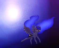 Size: 1100x900 | Tagged: safe, artist:d00fu5_, artist:d0ofu5, artist:lmaodoofus, derpibooru import, princess luna, alicorn, pony, cutie mark, ethereal mane, female, flying, galaxy mane, galaxy tail, horn, mare, princess of the night, solo, space, spread wings, wings