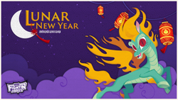 Size: 1200x675 | Tagged: safe, artist:mane6, derpibooru import, tianhuo, dragon, hybrid, longma, them's fightin' herds, cloud, community related, female, lantern, logo, looking at you, lunar new year, moon, open mouth, paper lantern, purple background, simple background, solo, update