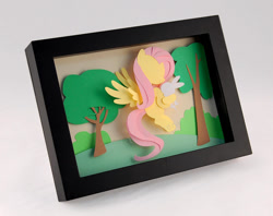 Size: 1092x867 | Tagged: safe, artist:elathera, derpibooru import, angel bunny, fluttershy, pegasus, pony, rabbit, 2014, animal, paper, shadow box, tree