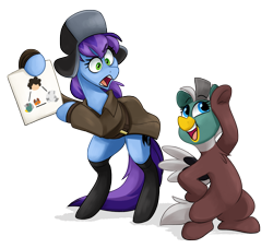 Size: 3487x3162 | Tagged: safe, artist:luximus17, derpibooru import, oc, oc only, oc:cher nobyl, oc:duk, bird, duck, duck pony, chart, mocking, quack, quak, simple background, smug, transparent background, yelling