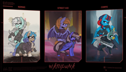 Size: 2920x1655 | Tagged: safe, artist:viktiipunk, derpibooru import, oc, oc only, oc:andrew swiftwing, oc:duk, oc:orion, cyborg, pegasus, pony, unicorn, chest fluff, clothes, cyberpunk, cyberpunk 2077, ear fluff, ears, eye clipping through hair, eyebrows, eyebrows visible through hair, folded wings, glasses, gun, handgun, high res, hooves, horn, keyboard, life path, looking back, mouth hold, oc name needed, open mouth, open smile, palindrome get, pistol, raised hoof, raised leg, signature, smiling, standing, tail, two toned mane, two toned tail, unshorn fetlocks, weapon, wings