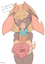 Size: 1462x2064 | Tagged: safe, artist:hyakuen, derpibooru import, shanty goat, goat, semi-anthro, them's fightin' herds, alternate hairstyle, bandana, bipedal, blushing, box of chocolates, cloven hooves, community related, cute, dialogue, female, heart, implied paprika, looking at you, loose hair, neckerchief, offering, romantic, shantabetes, simple background, solo, telling lies, white background