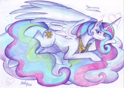 Size: 7015x4960 | Tagged: safe, artist:darkaudi1728, derpibooru import, princess celestia, alicorn, pony, absurd resolution, cloud, female, floating heart, heart, large wings, lidded eyes, looking at you, lying down, lying on a cloud, mare, on a cloud, prone, smiling, smiling at you, solo, traditional art, wings