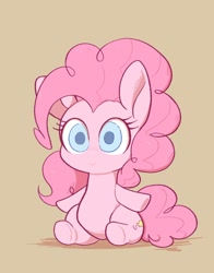 Size: 1558x1985 | Tagged: safe, artist:noupu, derpibooru import, pinkie pie, earth pony, pony, brown background, chibi, colored pupils, cute, diapinkes, female, looking at you, mare, simple background, sitting, smiling, smiling at you, solo, underhoof