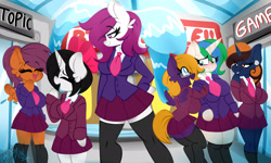 Size: 1920x1153 | Tagged: safe, artist:ladylullabystar, derpibooru import, oc, oc only, oc:marco, oc:purple creativity, oc:vee, anthro, pegasus, unicorn, arm hooves, blushing, clothes, ear fluff, ears, eye clipping through hair, eyebrows, eyebrows visible through hair, eyes closed, female, glasses, grin, hoof over mouth, horn, lidded eyes, looking at each other, looking at someone, necktie, open mouth, open smile, rule 63, school uniform, signature, smiling, standing, two toned mane, wings, zettai ryouiki