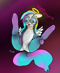 Size: 2000x2405 | Tagged: safe, artist:pawker, derpibooru import, oc, oc only, oc:soggy spaghetti, pegasus, pony, clothes, commission, female, glasses, halo, raised hoof, raised leg, socks, solo, spread legs, spreading, stockings, swamp cinema, thigh highs, tongue, tongue out