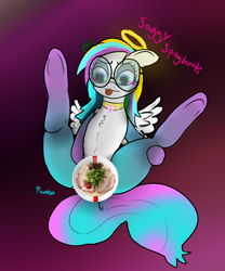 Size: 2000x2405 | Tagged: safe, artist:pawker, derpibooru import, oc, oc only, oc:soggy spaghetti, pegasus, pony, clothes, commission, female, food, glasses, halo, raised hoof, raised leg, socks, solo, spread wings, stockings, swamp cinema, thigh highs, trolling, wings