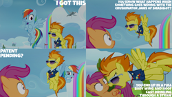 Size: 1280x720 | Tagged: safe, derpibooru import, edit, edited screencap, editor:quoterific, screencap, rainbow dash, scootaloo, spitfire, pegasus, pony, season 8, the washouts (episode), crossed hooves, female, filly, flying, foal, full body wing and hoof cast drinking through a straw, mare, open mouth, sunglasses
