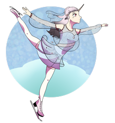 Size: 2370x2531 | Tagged: safe, artist:binidi, derpibooru import, oc, oc only, human, unicorn, clothes, horn, horned humanization, humanized, ice skates, ice skating, raised leg, simple background, skirt, solo, transparent background, unicorn oc