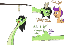 Size: 2000x1414 | Tagged: safe, artist:happy harvey, derpibooru import, scootaloo, spike, oc, oc:anon filly, cat, dragon, original species, pegasus, snake, snake pony, abdominal bulge, comic, dialogue, drawn on phone, ear fluff, ears, exclamation point, fangs, female, female pred, filly, filly pred, foal, forked tongue, hanging, kitten, looking at each other, looking at someone, looking up, male prey, on head, open mouth, rescue, simple background, slit eyes, species swap, spikeprey, spread wings, transparent background, tree, tree branch, vore, wings