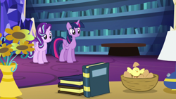 Size: 1920x1080 | Tagged: safe, derpibooru import, screencap, starlight glimmer, twilight sparkle, twilight sparkle (alicorn), alicorn, every little thing she does, book, chick, egg, flower, library, twilight's castle, twilight's castle library