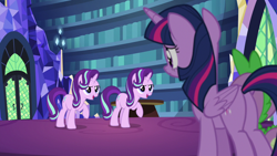Size: 1920x1080 | Tagged: safe, derpibooru import, screencap, spike, starlight glimmer, twilight sparkle, twilight sparkle (alicorn), alicorn, pony, unicorn, every little thing she does, season 6, butt, female, library, mare, plot, similo duplexis, twibutt, twilight's castle, twilight's castle library