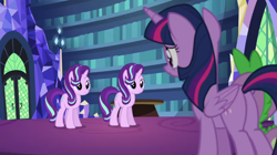 Size: 1920x1079 | Tagged: safe, derpibooru import, screencap, spike, starlight glimmer, twilight sparkle, twilight sparkle (alicorn), alicorn, pony, unicorn, every little thing she does, season 6, butt, library, plot, similo duplexis, twibutt, twilight's castle, twilight's castle library