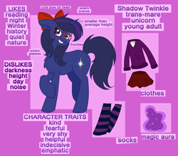 Size: 3456x3048 | Tagged: safe, artist:nightydream, derpibooru import, oc, oc:shadow twinkle, pony, unicorn, bow, female, glasses, hair bow, mare, reference sheet, solo