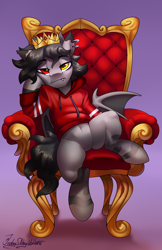 Size: 1948x3000 | Tagged: safe, artist:jedayskayvoker, derpibooru import, oc, oc:sir muncher, bat pony, pony, bat pony oc, bat wings, clothes, crown, ear piercing, gradient background, heterochromia, hoodie, jewelry, looking at you, male, piercing, regalia, sitting, solo, stallion, stripes, throne, wings