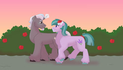 Size: 1280x732 | Tagged: safe, artist:itstechtock, derpibooru import, oc, oc only, oc:lavender joy, oc:polished lance, pony, unicorn, female, flower, flower in hair, male, mare, rose, stallion