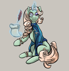 Size: 5124x5270 | Tagged: safe, artist:ghouleh, derpibooru import, oc, oc only, unicorn, badge, cape, clothes, female, flowy mane, jewelry, looking at you, magic, mare, monocle, quill, scroll, smiling, solo