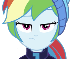 Size: 1755x1394 | Tagged: safe, derpibooru import, edit, edited screencap, screencap, rainbow dash, equestria girls, equestria girls series, holidays unwrapped, spoiler:eqg series (season 2), background removed, blizzard or bust, bust, clothes, female, frown, lidded eyes, looking at you, not a vector, rainbow dash is not amused, simple background, solo, transparent background, unamused, winter outfit