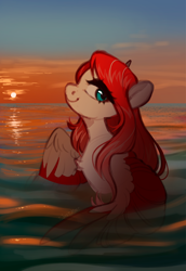 Size: 2058x2990 | Tagged: safe, artist:mari, derpibooru import, oc, oc:making amends, commission, looking back, sunset, water, ych result