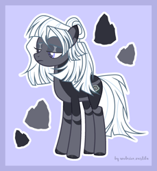 Size: 1650x1800 | Tagged: safe, artist:unelmienvartija, derpibooru import, maud pie, oc, earth pony, pony, abstract background, coat markings, eyeshadow, female, frown, full body, hooves, lidded eyes, makeup, next generation, outline, signature, solo, standing, tail, white outline