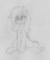 Size: 2053x2456 | Tagged: safe, artist:wapamario63, fluttershy, pegasus, pony, chest fluff, cute, ears, female, floppy ears, grayscale, looking at you, mare, monochrome, pencil drawing, shyabetes, sitting, solo, traditional art