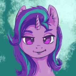 Size: 1600x1600 | Tagged: safe, artist:kovoranu, derpibooru import, starlight glimmer, pony, unicorn, abstract background, bust, female, lidded eyes, looking at you, mare, portrait, solo