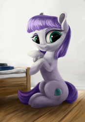 Size: 2206x3170 | Tagged: safe, artist:flusanix, derpibooru import, maud pie, earth pony, pony, bed, cute, female, heart, looking at you, mare, maudabetes, rock, sitting, smiling, solo, when she smiles