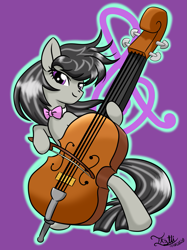 Size: 1511x2015 | Tagged: safe, artist:davidsoncch, derpibooru import, octavia melody, earth pony, pony, bipedal, cello, cutie mark background, female, looking at you, mare, musical instrument, outline, purple background, simple background, smiling, smiling at you, solo