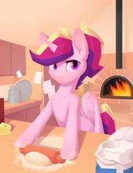 Size: 1754x2272 | Tagged: safe, artist:senaelik, ponerpics import, princess cadance, alicorn, pony, cheese, cheese grater, dough, fire, flour, food, kitchen, pizza oven, rolling pin, smiling, spread wings, wings