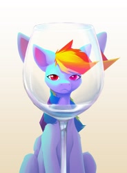 Size: 1580x2144 | Tagged: safe, artist:senaelik, ponerpics import, rainbow dash, pegasus, pony, distortion, female, glass, gradient background, looking at you, mare, simple background, sitting, wine glass