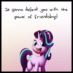 Size: 2500x2500 | Tagged: safe, artist:senaelik, ponerpics import, pony, unicorn, dialogue, female, glimmer, gradient background, looking at you, mare, open mouth, open smile, simple background, smiling, smiling at you, solo, talking to viewer