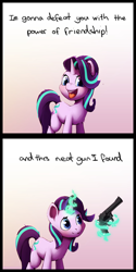 Size: 2500x5000 | Tagged: safe, artist:senaelik, ponerpics import, pony, unicorn, comic, dialogue, glimmer, gradient background, gun, handgun, levitation, looking at something, looking at you, magic, open mouth, open smile, revolver, simple background, smiling, smiling at you, talking to viewer, telekinesis, weapon