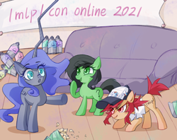 Size: 2748x2181 | Tagged: safe, alternate version, artist:开清, ponerpics import, oc, oc:anon filly, oc:conpone, oc:contard, earth pony, pony, unicorn, art pack:chinese commission artwork expo, /mlp/ con, chips, female, filly, foal, food, hat, open mouth, raised hoof, raised leg, smiling, soda bottle, sofa, vestigial horn