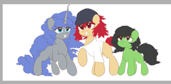 Size: 1333x659 | Tagged: safe, artist:slumber20, ponerpics import, oc, oc:anon filly, oc:conpone, oc:contard, earth pony, pony, unicorn, art pack:chinese commission artwork expo, female, filly, foal, open mouth, simple background, smiling