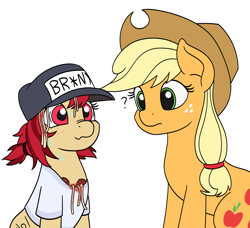 Size: 1920x1750 | Tagged: safe, artist:mkogwheel, ponerpics import, applejack, oc, oc:conpone, earth pony, pony, applejack's hat, clothes, cowboy hat, eye contact, female, food, freckles, hat, looking at each other, mare, meatballs, nervous, pasta, question mark, shirt, simple background, spaghetti, spilled spaghetti, stain, sweat, white background