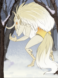 Size: 635x859 | Tagged: safe, artist:askbubblelee, oc, oc only, anthro, changeling, changeling queen, unguligrade anthro, anthro oc, changeling queen oc, cloven hooves, curved horn, digital art, female, horn, looking back, snow, snowfall, solo, tree, yellow changeling