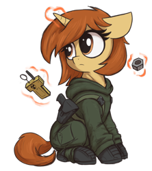 Size: 1332x1500 | Tagged: safe, artist:t72b, derpibooru import, oc, oc only, oc:academia, pony, unicorn, 2022 community collab, bolt, boots, clothes, derpibooru community collaboration, female, holster, ionizing radiation warning symbol, levitation, magic, mare, radiation detector, s.t.a.l.k.e.r., screw, shoes, simple background, solo, telekinesis, transparent background