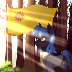 Size: 1433x1440 | Tagged: artist needed, safe, derpibooru import, oc, oc only, oc:jiaqi, pony, crepuscular rays, female, flag, forest, mare, solo