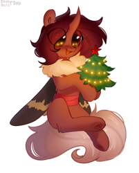 Size: 2480x3078 | Tagged: safe, artist:enderselyatdark, derpibooru import, oc, oc only, oc:flechette, changeling, hybrid, moth, mothling, original species, christmas changeling, female, horn, light, red changeling, simple background, solo, stars, tree, white background, wings