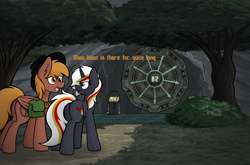 Size: 3000x1977 | Tagged: safe, artist:aaathebap, derpibooru import, oc, oc:calamity, oc:velvet remedy, pegasus, pony, unicorn, fallout equestria, butt, duo, fallout, fanfic in the description, female, forest, forest background, mare, plot, vault