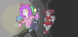 Size: 5062x2404 | Tagged: safe, artist:doodlegamertj, derpibooru import, oc, oc:doodlegamertj, oc:mable syrup, oc:mona, bird, ghost, robot, undead, equestria girls, animatronic, avian, bow, deaf, female, five nights at freddy's, flashlight (object), hair bow, hat, leaning on wall, pigtails, purple hair, sister location