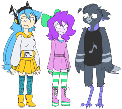 Size: 3210x2851 | Tagged: safe, artist:doodlegamertj, derpibooru import, oc, oc only, oc:doodlegamertj, oc:mable syrup, oc:musicallie, anthro, bird, equestria girls, angry, avian, beak, blue hair, bow, clothes, deaf, dress, hair bow, headphones, hoodie, long hair, music notes, platform boots, purple hair, rick and morty, simple background, skirt, socks, striped socks, transparent background