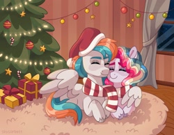 Size: 2048x1586 | Tagged: safe, artist:skysorbett, derpibooru import, oc, oc only, pegasus, pony, candy, candy cane, christmas, christmas tree, clothes, food, hat, holiday, present, santa hat, scarf, shared clothing, shared scarf, striped scarf, tree, window