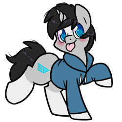 Size: 1200x1200 | Tagged: safe, artist:paperbagpony, derpibooru import, oc, oc:cyan delta, unicorn, 2022 community collab, clothes, coat markings, derpibooru community collaboration, hoodie, horn, simple background, socks (coat marking), tongue, tongue out, transparent background, unicorn oc