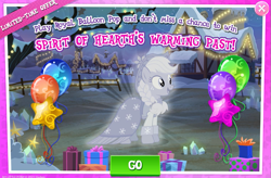Size: 1035x680 | Tagged: safe, derpibooru import, applejack, spirit of hearth's warming past, earth pony, ghost, ghost pony, pony, advertisement, balloon, braid, female, gameloft, gift box, mare, official