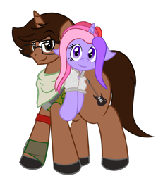 Size: 1838x1987 | Tagged: safe, artist:nerdymexicanunicorn, derpibooru import, oc, oc only, oc:kunzite, oc:nerdy, pony, unicorn, 2022 community collab, armband, clothes, cosplay, costume, derpibooru community collaboration, duo, duo male, ears, eyebrows, eyebrows visible through hair, eyelashes, fabio sparklemane (cosplay), floppy ears, fortnite, glasses, horn, jacket, looking at you, lying down, male, on back, pygmy pony, scarf, simple background, smiling, smiling at you, smirk, stallion, transparent background, uniform