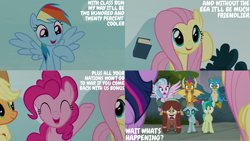 Size: 1280x720 | Tagged: safe, derpibooru import, edit, edited screencap, editor:quoterific, screencap, applejack, fluttershy, gallus, ocellus, pinkie pie, rainbow dash, sandbar, silverstream, smolder, twilight sparkle, twilight sparkle (alicorn), yona, alicorn, changeling, dragon, earth pony, griffon, hippogriff, pegasus, pony, unicorn, yak, school daze, season 8, spoiler:s08, :o, ^^, applejack's hat, clothes, cowboy hat, cute, diapinkes, eyes closed, female, flying, hat, male, mare, offscreen character, open mouth, open smile, shrunken pupils, smiling, spread wings, stallion, student six, wings