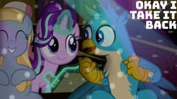 Size: 1280x720 | Tagged: safe, derpibooru import, edit, edited screencap, editor:quoterific, screencap, amethyst star, azure velour, dark moon, fuchsia frost, gallus, goldy wings, graphite, lily valley, meadow song, pacific glow, starlight glimmer, twinkleshine, velvet sky, earth pony, griffon, pony, unicorn, a horse shoe-in, season 9, spoiler:s09, ^^, cute, duo focus, eyes closed, female, friendship student, gallabetes, glimmerbetes, looking at each other, looking at someone, magic, male, mare, minty green, open mouth, open smile, smiling, telekinesis