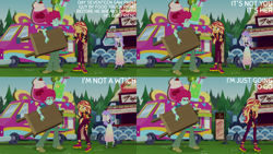 Size: 1280x720 | Tagged: safe, derpibooru import, edit, edited screencap, editor:quoterific, screencap, snow flower, sunset shimmer, better together, equestria girls, sunset's backstage pass!, clothes, eyes closed, female, geode of empathy, hand on hip, jacket, leather, leather jacket, magical geodes, male, music festival outfit, open mouth, oxflower, oxford brush, shoes